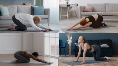 Dört birey içeride çeşitli esneme egzersizleri yapıyor, farklı fitness seviyeleri ve arka planlar sergiliyor. Bu kolaj evde sağlık ve aktif yaşama bağlılığını vurguluyor.