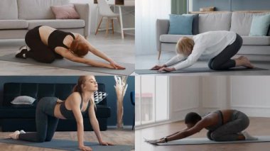 Dört birey, ışık dolu bir mekanda çeşitli fitness rutinleri uyguluyor. Her insan farklı hareketler sergiliyor. Esneme ve çekirdek kuvvete odaklanmış, sağlıklı bir yaşam tarzını teşvik ediyor..