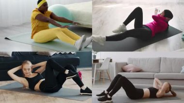 Dört birey, geniş ve iyi ışıklandırılmış bir ortamda çeşitli egzersiz rutinleriyle sağlıklı yaşama bağlılıklarını göstermek için evde farklı atletik egzersizler yapıyorlar..