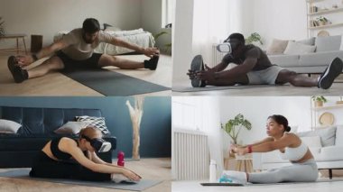 Dört birey içeride çeşitli fitness rutinleri uyguluyor, esneklik ve atletizm sergiliyor. Sporcular ev alanlarından faydalanıyor, genel refah için yaşam tarzı seçimleriyle egzersizleri birleştiriyor.