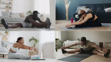 Farklı geçmişlere sahip atletik bireyler içeride çeşitli esneme egzersizleri yapıyorlar..