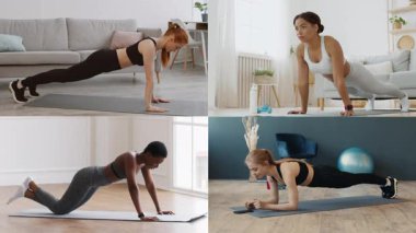 Dört birey, geniş bir kapalı alanda aktif olarak farklı egzersiz rutinlerine katılıyorlar. Sağlıklı yaşam tarzlarını spor faaliyetleriyle gösteriyorlar..