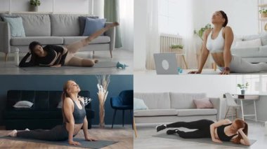 Bazı bireyler kapalı bir ortamda farklı fitness egzersizleri yapıyorlar..