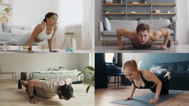 Evde çeşitli atletizm antrenmanlarına katılan çeşitli bireylerden oluşan bir derleme..