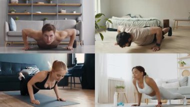 İçeride atletizm egzersizleri yapan farklı bireylerden oluşan bir koleksiyon. Kurulum, her insanın farklı ev ortamlarındaki fitness rutinine odaklandığı sağlıklı bir yaşam tarzını vurguluyor..