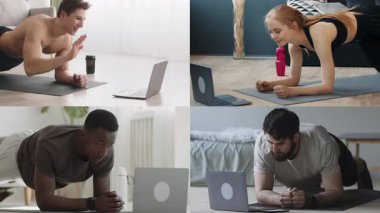 Dört kişi evde paspas ve dizüstü bilgisayar kullanarak fitness aktivitelerine katılıyor. Spor yapmaya odaklanırlar, kendilerini sağlığa ve iç mekanlarda egzersiz yapmaya adamışlardır..