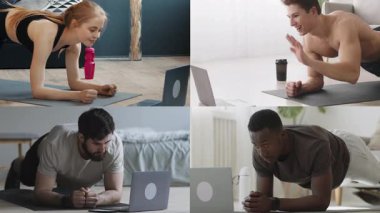 Evde çeşitli atletizm antrenmanlarına katılan dört kişi, dijital cihazlarla etkileşim halindeyken tahta gibi egzersizler sergiliyorlar. Çevre sağlıklı bir yaşam tarzını teşvik eder..