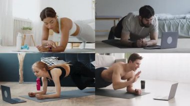 Farklı geçmişlerden bir grup birey içeride çeşitli egzersizler yapıyor. Her insan sağlıklı bir yaşam tarzına olan bağlılığını göstermek için spor rutinine odaklanır..