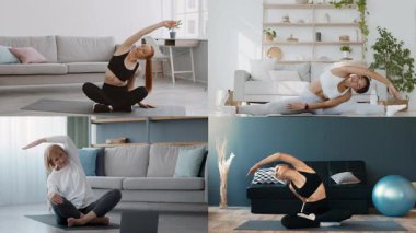 Dört birey, parlak, modern bir iç mekan ortamında çeşitli yoga pozları uyguluyor, atletik yeteneklerini ve spor yapma ve sağlıklı yaşama bağlılıklarını sergiliyorlar..