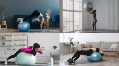 Atletik bireyler ev ortamında egzersiz toplarını kullanarak çeşitli egzersizler yaparlar. Bu canlı kolaj çeşitli fitness stillerini sergiliyor, sağlıklı bir yaşam tarzını ve aktif rutinleri teşvik ediyor..