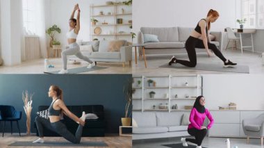 Çeşitli bireyler kapalı alanlarda çeşitli atletik aktivitelere katılıyorlar, esneklik, güç ve sağlığa odaklı spor rutinleri sergiliyorlar. Çevre sağlıklı aktif bir yaşam tarzını yansıtır.