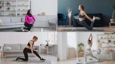 Farklı geçmişlere sahip bireyler kapalı alanlarda çeşitli atletizm aktivitelerine katılıyorlar, rahat bir ev ortamında sağlıklı yaşam tarzları ve spor rutinleri sergiliyorlar..