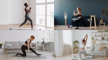 Bir grup atletik birey içeride farklı egzersizler yapıyor, modern bir ev ortamında çeşitli fitness aktiviteleri sergiliyorlar. Sağlıklı bir yaşam tarzına odaklanıyoruz..