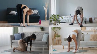 Bir grup birey ev ortamında çeşitli fitness egzersizleri yapıyor..