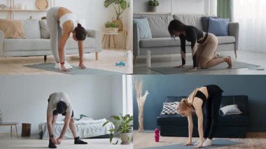 Dört birey, kapalı ortamlarda çeşitli fitness rutinleri sergiliyor. Yoga yapıyorlar ve paspaslar üzerinde egzersiz yapıyorlar. Sağlıklı bir yaşam tarzı sergiliyorlar..