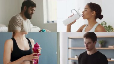 Dört birey, içeride çeşitli aktiviteler yaparak spor yapmaya olan bağlılıklarını gösteriyor. Her katılımcı spor malzemeleri ve su ihtiyacıyla sağlıklı bir yaşam tarzını ön plana çıkarıyor.