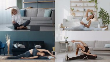 Dört birey evlerinde çeşitli fitness faaliyetlerine katılıyor. Çeşitli kadınlar içeride antrenman yapıyor.