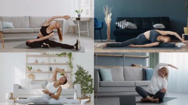 Dört birey kapalı alanlarda farklı atletizm aktivitelerine katılıyor, şık bir ev ortamında sağlıklı bir yaşam tarzı sergiliyor. Her insan esneklik ve gücü vurgular..