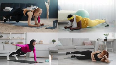 Değişen geçmişlere sahip dört kişi ev ortamında atletizm egzersizleri yapıyor. Aktiviteleri planlama ve yan hamleler, fitness yoluyla sağlıklı bir yaşam tarzını teşvik etmek..