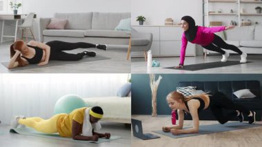 Dört birey kapalı alanlarda çeşitli antrenmanlara katılıyor, atletizm gösterisi ve fitness 'e adanmışlık.