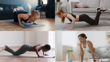 Dört birey evlerinde çeşitli atletizm egzersizlerine katılıyorlar, dayanıklılık ve zindelik gösteriyorlar. Her kişi farklı hareketler sergiliyor, aktif bir yaşam tarzı sağlıyor..