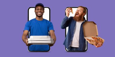 Teslimatçı pizza kutularını tutarken, müşteri de bir dilimin tadını çıkarıyor, modern ticareti eğlenceli bir ortamda vurguluyor..