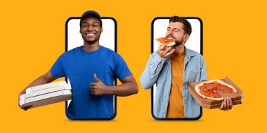 Neşeli bir teslimatçı büyük bir akıllı telefon ekranında pizza kutusunu tutarken başka bir müşteri mutlu bir şekilde pizza yiyor. Bu, çevrimiçi alışveriş ve gıda dağıtım hizmetlerinin kolaylığını vurguluyor.