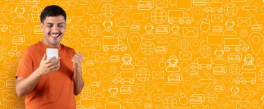 Mutlu bir müşteri akıllı telefon uygulaması ile çevrimiçi bir mağazayı tarar. Canlı arkaplan, ekommerce deneyimini vurgulayan, dağıtım ve iletişim simgelerini içerir..