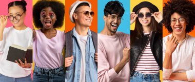 Neşeli bir arkadaş koleksiyonu mutluluğu canlı kıyafetler ve aksesuarlarla ifade eder. Neşeli bir anı paylaşıyorlar. Parlak arka planlara karşı eğlenceli bir yaz ayininde çeşitli arka planlar sergiliyorlar..