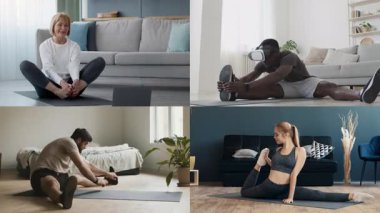 Dört birey, atletizm ve sağlıklı bir yaşam tarzına olan bağlılıklarını göstermek için evlerinde çeşitli egzersiz rutinlerine katılıyorlar. Parlak alanlar aktif yaşama ve uygunluğa ilham verir..