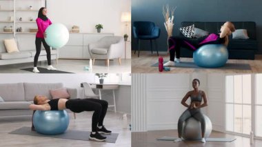 Dört birey şık ev ortamlarında fitness toplarını kullanarak çeşitli antrenmanlara katılıyor. Seanslar farklı ortamlarda güç, esneklik ve sağlıklı bir yaşam tarzı yaklaşımı gösteriyor..