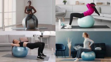 Bir grup birey fitness toplarını içeren farklı antrenman rutinlerine katılıyorlar. Parlak bir iç mekanda güç ve esneklik için çeşitli egzersizler sergiliyorlar..