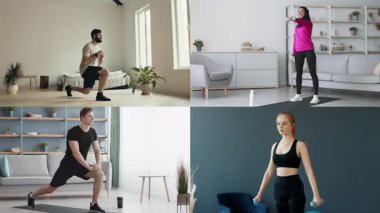 Dört birey, parlak, modern kapalı alanlarda farklı fitness aktiviteleri gerçekleştiriyor. Çeşitli gruplar aktif bir yaşam tarzını yansıtan güç ve kardiyo egzersizleri sergiliyor.