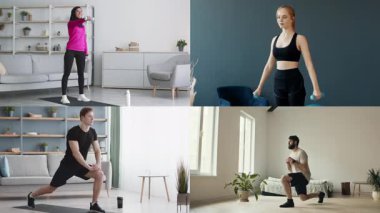 Farklı geçmişlere sahip insanlar evlerinde çeşitli fitness faaliyetlerine katılıyorlar. Ağırlık kaldırmak, esnemek ve hareketli ve sağlıklı bir atmosferde hareket etmek gibi egzersizleri sergiliyorlar..