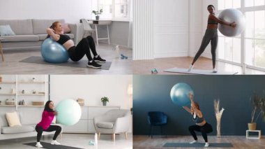 Parlak, modern kapalı alanlardaki fitness toplarını kullanarak çeşitli çalışmalara katılan dört bireyden oluşan bir derleme..