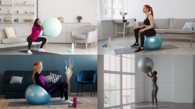 Kolaj, denge toplarını kullanarak çeşitli fitness egzersizlerine katılan farklı kişileri gösteriyor. Çevre parlak ve çağdaş, aktif bir yaşam tarzını yansıtıyor..