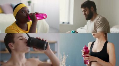 Dört birey kapalı bir ortamda idmanlar arasında sıvı tüketiyorlar. Sağlıklı, aktif bir yaşam tarzını, spor ve refah üzerine odaklayan çeşitli atletik geçmişleri temsil ederler..