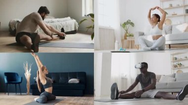 Bir grup atletik insan içeride farklı egzersizler yapıyor..