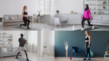 Kolaj, farklı geçmişlere sahip bireyleri parlak ve modern kapalı alanlarda çeşitli egzersiz rutinleri yaparken gösteriyor. Etkinlikler arasında hamleler, ağırlık kaldırma ve sanal gerçeklik uygunluğu yer alıyor.