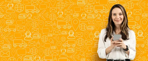 Çevrimiçi teslimat hizmetleri için akıllı telefon kullanan bir müşteri parlak ve grafik bir geçmişe karşı duruyor. Ayarlama kolaylık ve dijital ticaret faaliyetlerini iletir.