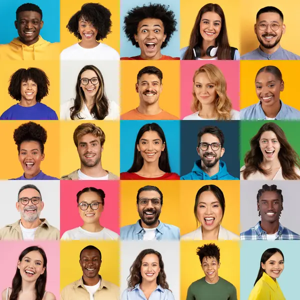 Canlı bir koleksiyonda çeşitli kadın ve erkekler, canlı arkaplanlara gülüyor ve gülümsüyor. Her insan eşsiz bir kültürel mirası ve neşeli ruhu temsil eder..