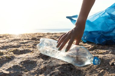 Dışarıdaki Okyanus Kıyısı Temizliği sırasında Kirli Kumsalda Plastik Şişe Toplayan Gönüllü. Kırpılmış, Metin İçin Boş Alan