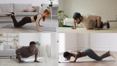 Dört farklı insan evlerinde rahat, iyi ışıklandırılmış yerlerde çeşitli egzersiz rutinleri uyguluyor. Güç antrenmanına ve egzersize odaklanırlar, fitness ve sağlıklı yaşama bağlılıklarını gösterirler..