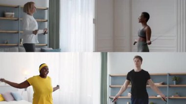 Değişik bir grup insan dinamik bir ip atlama egzersizinin keyfini çıkarıyorlar. Parlak, modern bir yerde..