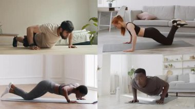 Farklı arka planlardan gelen bireyler rahat bir iç mekanda fitness egzersizleri yaparlar. Atmosfer, çeşitli atletik rutinler yoluyla sağlıklı ve aktif bir yaşam tarzını teşvik eder..