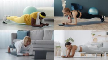 İyi ışıklandırılmış kapalı bir alanda egzersiz yapan farklı bireylerden oluşan bir derleme. Meditasyon yaparken kalas gibi çeşitli egzersizler yapıyorlar, sağlıklı bir yaşam tarzını teşvik ediyorlar..