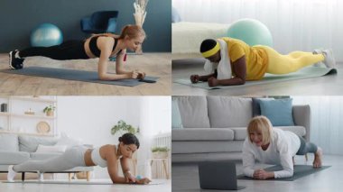 Çeşitli bireylerden oluşan gruplar, yoga minderleri ve fitness ekipmanları kullanılarak evlerinde çeşitli atletizm faaliyetlerine katılıyorlar..