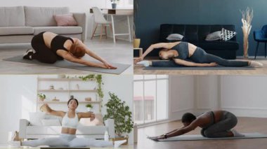 Parlak bir iç mekan ortamında, çeşitli bireyler bir dizi yoga pozu ve esneme egzersizleri düzenler..