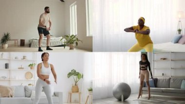 Bir grup birey, çömelme ve zıplama egzersizleri de dahil olmak üzere farklı antrenmanlara katılıyor. Açık bir iç mekanda aktif yaşam tarzları sergiliyorlar..