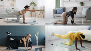 Parlak ve havadar bir mekanda çeşitli egzersiz rutinleri yapan insanların dinamik bir koleksiyonu. Her insan yoga minderleri üzerinde farklı egzersizler yaparak spor yapmaya kendini adamıştır..